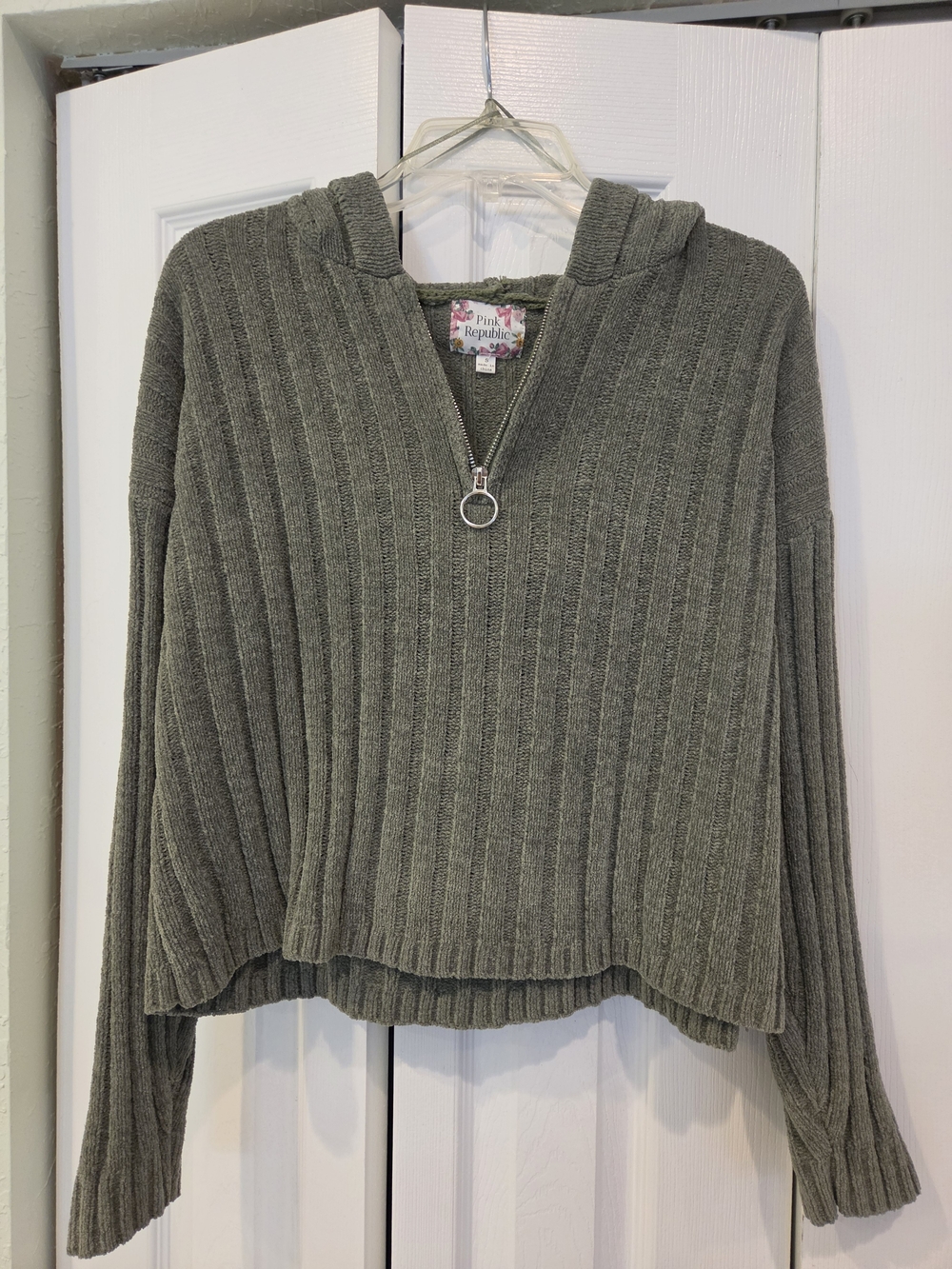 Y2k Pink Republic Olive Ribbed Half-Zip Hoodie Sweater